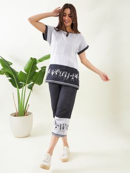 The Kaftan Company - Black Warli Jacquard Handloom Weave Cotton Capri and Top (Set of 2)