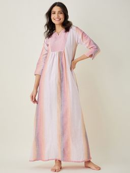 The Kaftan Company - Pastel Pink Striped Handloom Cotton Nightdress