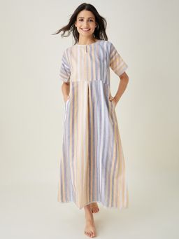The Kaftan Company - Yellow and Grey Striped Handloom Cotton Fitted Nightdress