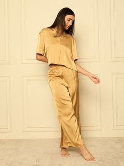 Sweet Dreams - Women Gold Solid Shirt and Pant (Set of 2)