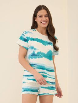 Sweet Dreams - Women Teal and White Printed Shorts with T-Shirt (Set of 2)