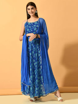 MYSHKA - Women Blue Festive Flared Anarkali Kurta with Dupatta (Set of 2)