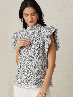 BOHO-CHIC By Sukriti Jain - Black Flutter Sleeved Floral Lace Top