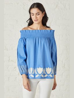 BOHO-CHIC By Sukriti Jain - Blue Vibrant Off-Shoulder Floral Embroidery Top