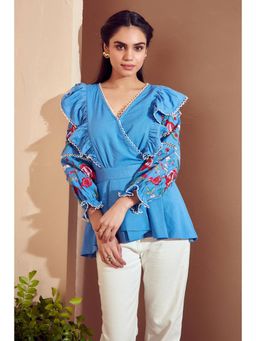 BOHO-CHIC By Sukriti Jain - Blue Enchanted Embroidered Ruffled Top