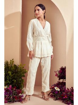 BOHO-CHIC By Sukriti Jain - Cream The Classic Embroidered Peplum Top And Pant Set