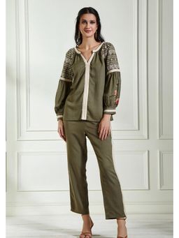 BOHO-CHIC By Sukriti Jain - Olive Enchanting Floral Embroidered Top And Pant Set