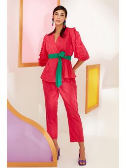 BOHO-CHIC By Sukriti Jain - Pink Cosmos Embroidered Wrap Top And Pant Set