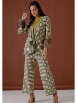 BOHO-CHIC By Sukriti Jain - Green Knit Jacket And Pant With Top
