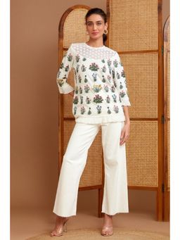 BOHO-CHIC By Sukriti Jain - White Full Bloom Dolce Embroidered Top And Pant Set