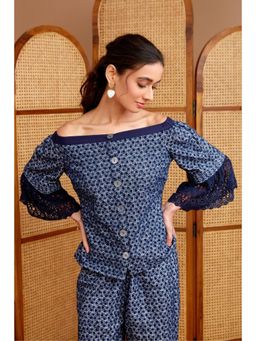 BOHO-CHIC By Sukriti Jain - Navy Blue Off The Shoulder Broderie Anglais Top