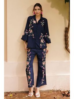 BOHO-CHIC By Sukriti Jain - Navy Blue Nature Inspired Embroidered Shirt And Pant Set