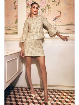 BOHO-CHIC By Sukriti Jain - Cream Sequinned Metallic Tweed Top And Skirt Set