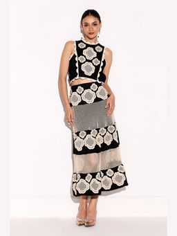 BOHO-CHIC By Sukriti Jain - Black Honeycomb Flowers Top And Skirt Set