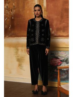 BOHO-CHIC By Sukriti Jain - Black Hand Embellished Velvet Shirt And Pant Set