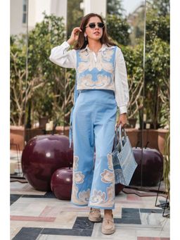 BOHO-CHIC By Sukriti Jain - Blue Pastel Hue Cutwork Embroidered Shirt And Pant With Waistcoat