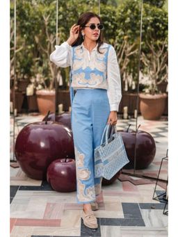 BOHO-CHIC By Sukriti Jain - Blue Pastel Hue Cutwork Embroidered Waistcoat And Pant Set