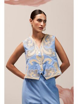 BOHO-CHIC By Sukriti Jain - Blue Caprese Cutwork Waist Coat And Pant Set