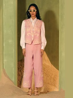 BOHO-CHIC By Sukriti Jain - Pink Caprese Cutwork Waist Coat And Pant Set