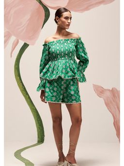 BOHO-CHIC By Sukriti Jain - Green Off The Shoulder Broderie Anglaise Top And Shorts Set