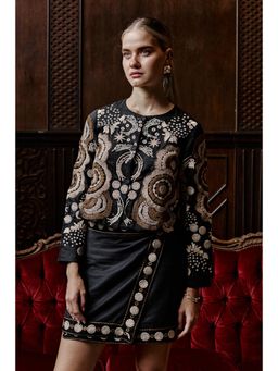 BOHO-CHIC By Sukriti Jain - Black The Katerina Embroidered Top And Wrap Skirt Set