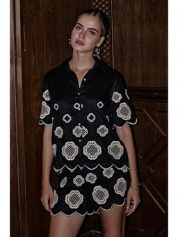 BOHO-CHIC By Sukriti Jain - Black Monochrome Honeycomb Flowers Embroidered Shirt And Shorts Set
