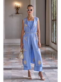 BOHO-CHIC By Sukriti Jain - Blue Casa Blanca Overlay Jacket And Pant With Bustier Top