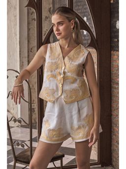 BOHO-CHIC By Sukriti Jain - White Honeycomb Cutwork Embroidered Waistcoat And Shorts Set