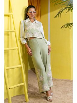 BOHO-CHIC By Sukriti Jain - Green Matcha Honey Comb Embroidered Shirt And Pant With Waistcoat