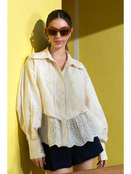 BOHO-CHIC By Sukriti Jain - Cream All Over Palm Broderie Scalloped Top