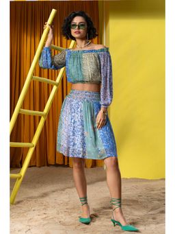BOHO-CHIC By Sukriti Jain - Blue Dainty And Metallic Mixed Print Top And Skirt Set