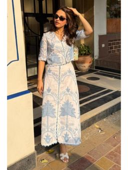 BOHO-CHIC By Sukriti Jain - Blue Pastel Hue Honeycomb Embroidered Top And Skirt Set
