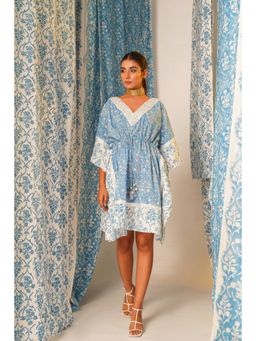 Keva Clothing - Sapphire Blue Block Printed Cotton Kaftan Dress