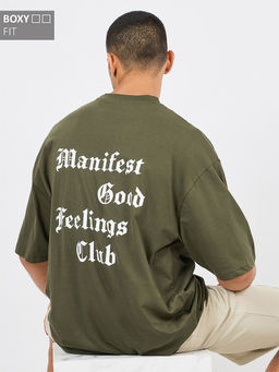 Styli - Mens Olive Cotton Gothic Back & Front Printed Boxy Fit Compact Jersey Tee