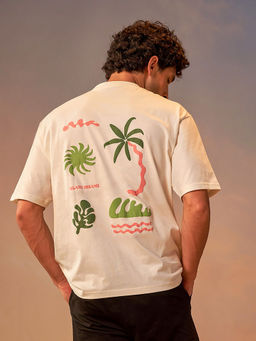 Styli - Men Cream Premium Heavy Weight Front & Back Puff Print Oversized Cotton T-Shirt