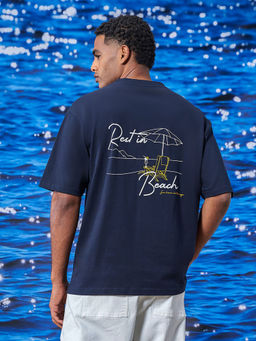 Styli - Men Navy Blue Premium Heavy Weight Puff Print Oversized Cotton T-Shirt
