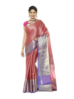 Banarasi Silk Works - Stripe Orange & Pink Zari Kanchi Silk Tanchoi Pattu Saree with Unstitched Blouse