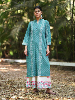 Chidiyaa - Bliss Of Baby's Breath Teal Green Block Printed Kurta