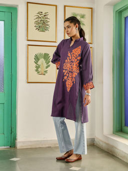 House of Chikankari - Womens Embroidered Cotton Long Kurta Purple