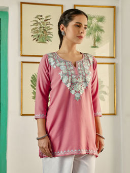 House of Chikankari - Womens Embroidered Cotton Tunic Dust Pink