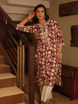 Spring Soul - Wine Floral Printed Mirror Work Kurta