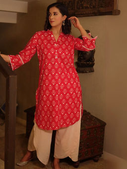 Spring Soul - Red Floral Printed Cotton Kurta