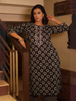 Spring Soul - Black Floral Cotton Mirrorwork Kurta