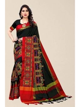 SERONA FABRICS - Black Cotton Silk Embroidered Handloom Saree With Unstitched Blouse