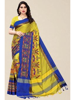 SERONA FABRICS - Yellow Cotton Silk Embroidered Handloom Saree With Unstitched Blouse