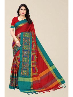 SERONA FABRICS - Red Cotton Silk Embroidered Handloom Saree With Unstitched Blouse