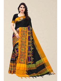 SERONA FABRICS - Black Cotton Silk Embroidered Handloom Saree With Unstitched Blouse
