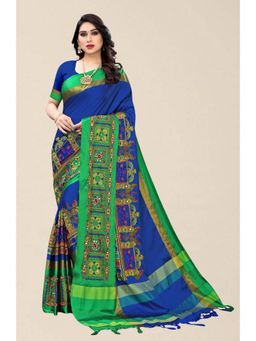 SERONA FABRICS - Blue Cotton Silk Embroidered Handloom Saree With Unstitched Blouse