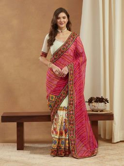 SERONA FABRICS - Pink Georgette Bandhani Embroidered Half & Half Saree With Unstitched Blouse