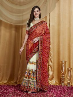 SERONA FABRICS - Red Georgette Bandhani Embroidered Half & Half Saree With Unstitched Blouse